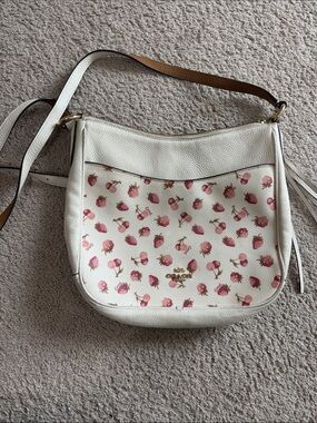 Coach White Leather Shoulder Bag with Pink Strawberry Print